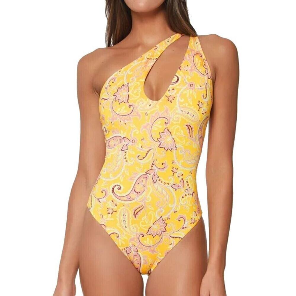 Sanctuary Women's Yellow Paisley Asymmetrical Shoulder One-Piece Swim Size L New